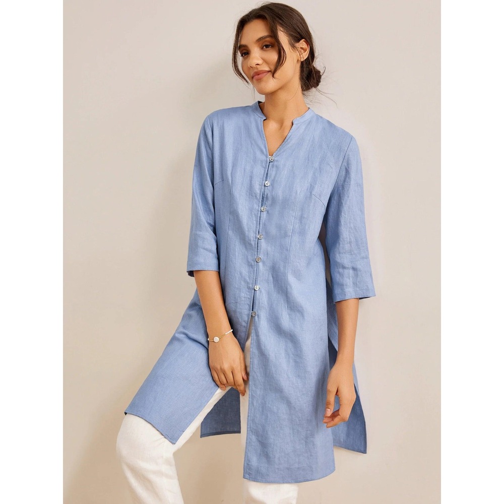Lintico Linen Button Long Shirt Tunic Blue Mandarin Collar 3/4 Sleeve Sz XL NWT
